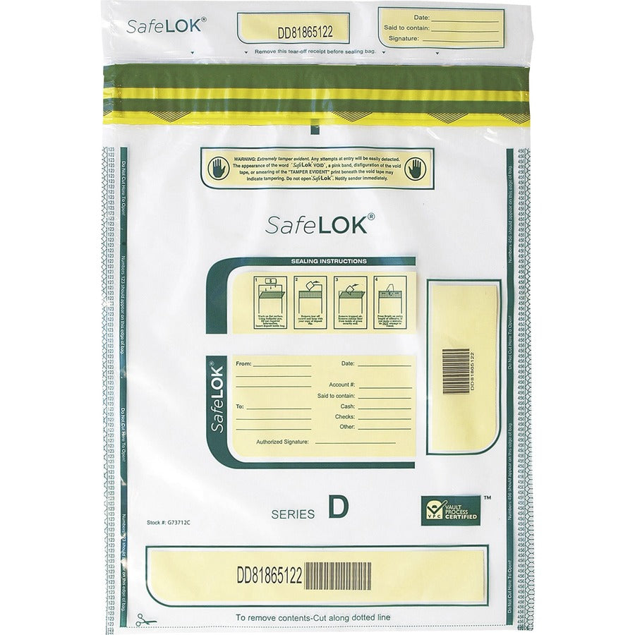 ControlTek SafeLOK Tamper-Evident Deposit Bags - 16" Length x 12" Width - Seal Closure - Clear - Cash, Deposit, Note, Bill - 100 / Pack
