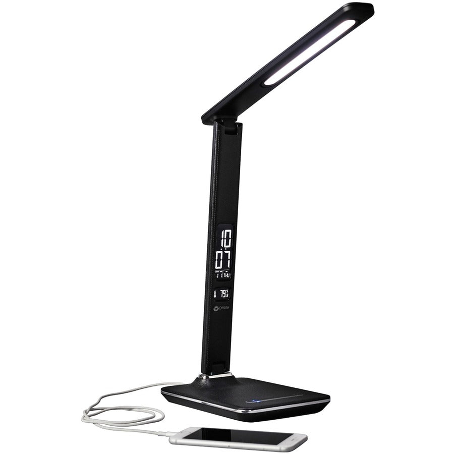 OttLite Wellness Series Renew LED Desk Lamp - 14.8" Height x 6" Width - LED Bulb - USB Charging, Adjustable Brightness, Touch-activated, Adjustable Height, Adjustable Knob, Alarm, ClearSun LED, Energy Saving - 400 lm Lumens - Faux Leather, Chrome, Plas...