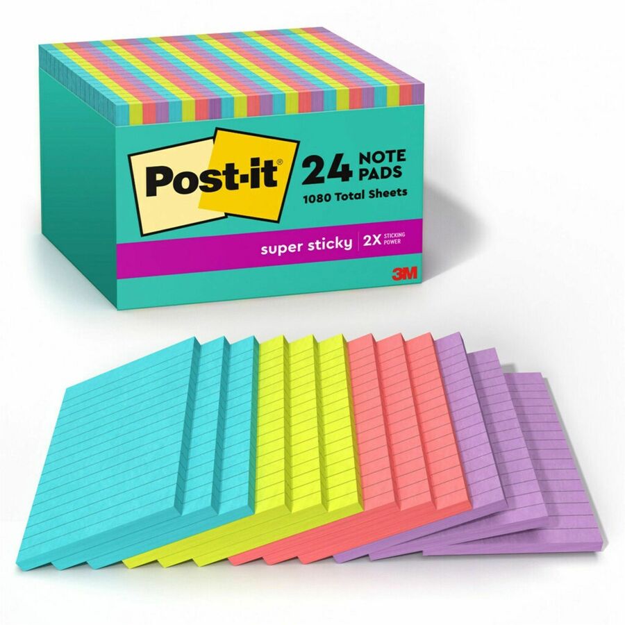 Post-it&reg, Super Sticky Notes - Supernova Neons Color Collection - 4" Flag/Note Width x 6" Flag/Note Length - Rectangle - 45 Sheets per Pad - Blue, Green, Pink, Lilac - Sticky - 24 / Pack