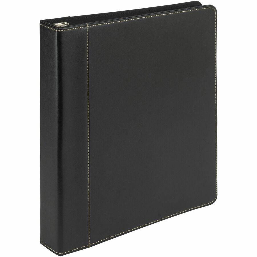 Samsill Contrast Stitch Leather Ring Binder - 1" Binder Capacity - Letter - 8 1/2" x 11" Sheet Size - 200 Sheet Capacity - 1" Ring - Fastener: Round Ring - Pocket: 2, Internal - Bonded Leather, LeatherGrain - Black - Durable, Spine, Rivet - 1 Each