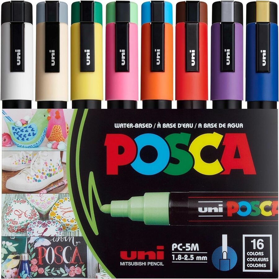 uni&reg, Posca PC-5M Paint Markers - Beige, Black, Blue, Brown, Gold, Green, Gray, Light Blue, Light Green, Orange, Pink, ... Ink - Water Based, Pigment-based - 16 / Pack