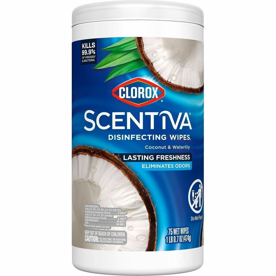 Clorox Scentiva Wipes, Bleach Free Cleaning Wipes - Ready-To-Use - Coconut & Water Lily Scent - Bleach-free, Disinfectant, Deodorize - White - 75/Tub - 1 Each