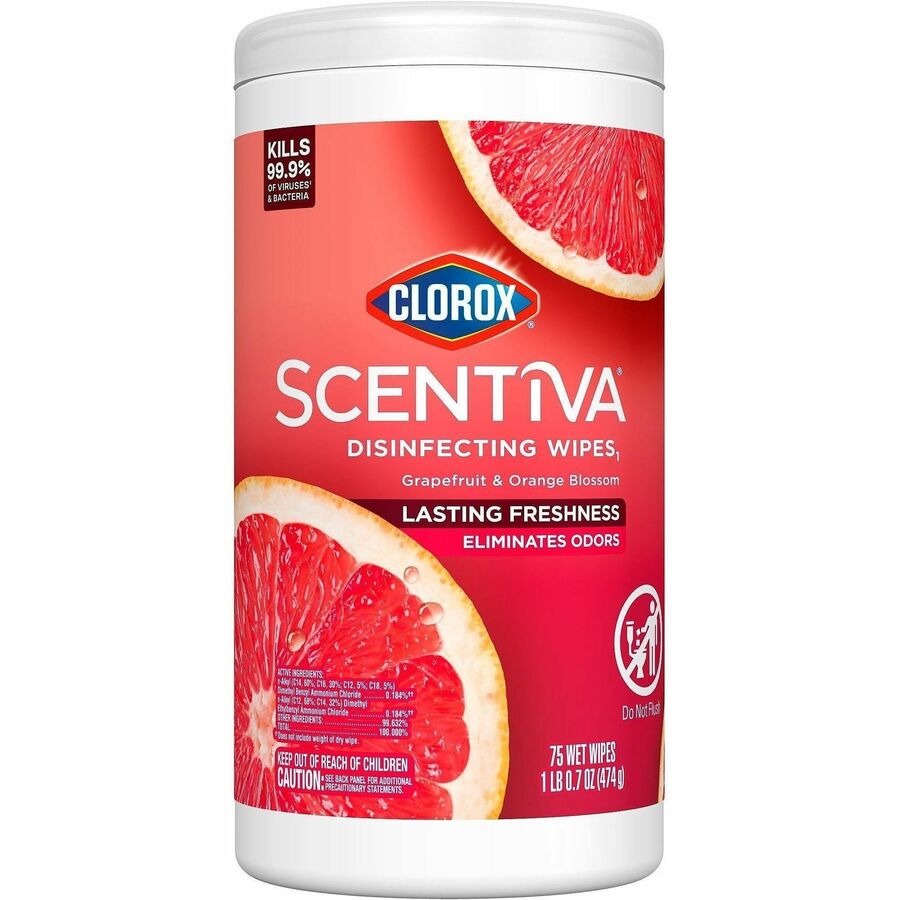 Clorox Scentiva Wipes, Bleach Free Cleaning Wipes - Ready-To-Use - Grapefruit, Orange Blossom Scent - Bleach-free, Disinfectant, Deodorize - White - 75/Tub - 1 Each