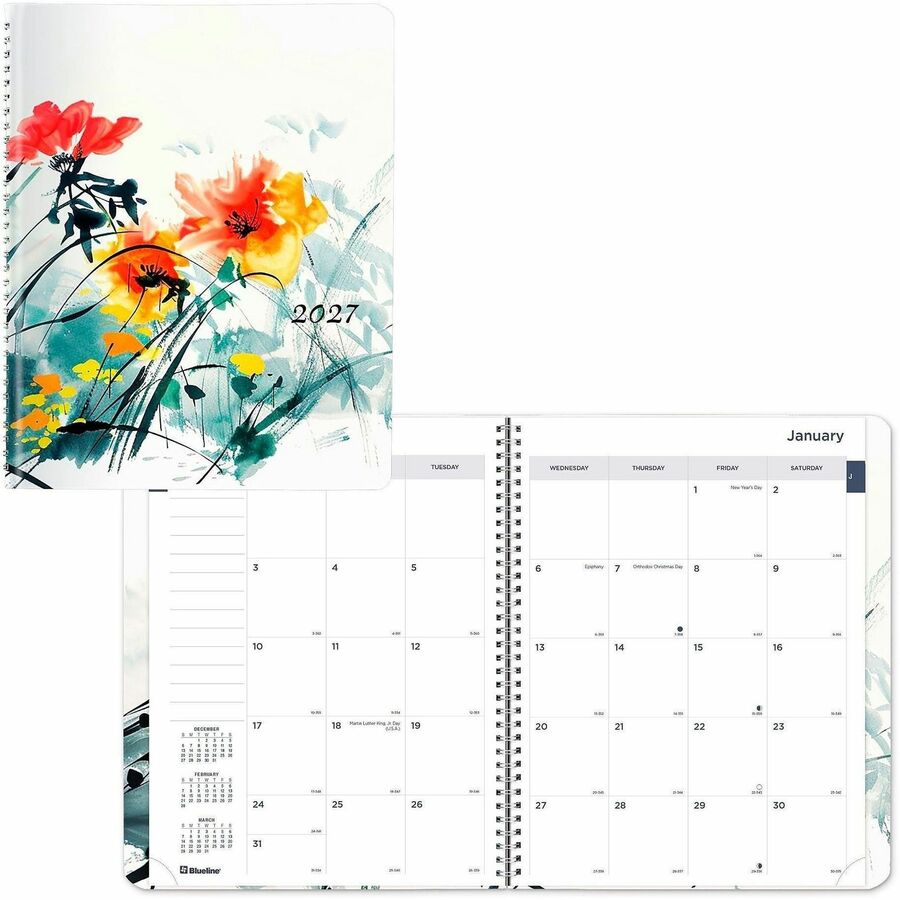 Rediform Essential Weekly/Monthly Planner - Weekly, Monthly - 14 Month - December 2026 to January 2028 - 1 Week, 1 Month Double Page Layout - Twin Wire - Dramatic Floral - 1 Each