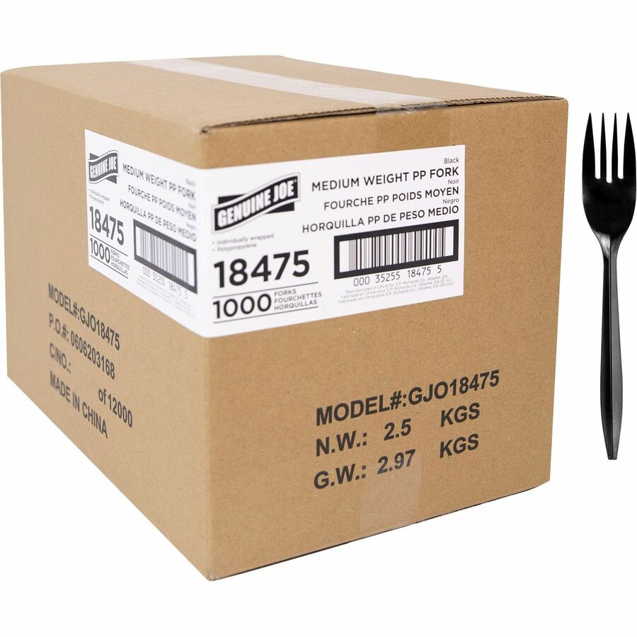 Genuine Joe Medium-weight Individually Wrapped Forks - Fork - Breakroom - Disposable - Polypropylene - Black - 1000 / Carton