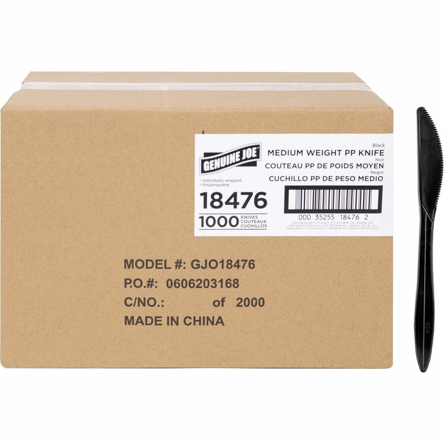 Genuine Joe Medium-weight Individually Wrapped Knives - Knife - Breakroom - Disposable - Black - 1000 / Carton