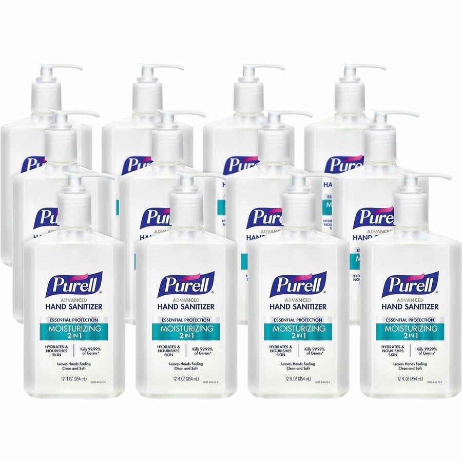 PURELL&reg, Advanced Hand Sanitizer Gel - Clean Scent - 12 fl oz - Pump Bottle Dispenser - Kill Germs - Hand, Skin, Commercial - Moisturizing - Clear - Non-sticky, Residue-free - 12 / Carton