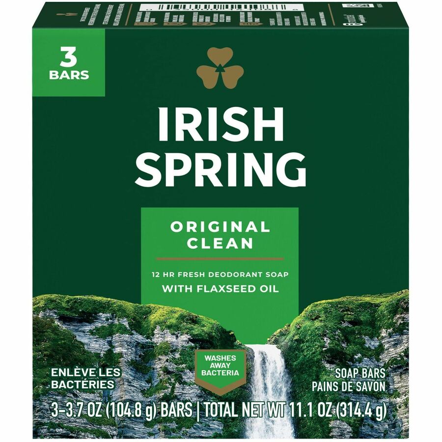 Irish Spring Deodorant Bar Soap with Flaxseed Oil - Original Clean Scent - 3.75 oz - Bacteria Remover - Skin, Hand - Green - Paraben-free, Phthalate-free, Gluten-free, Recyclable - 3/Pack - 18 / Carton
