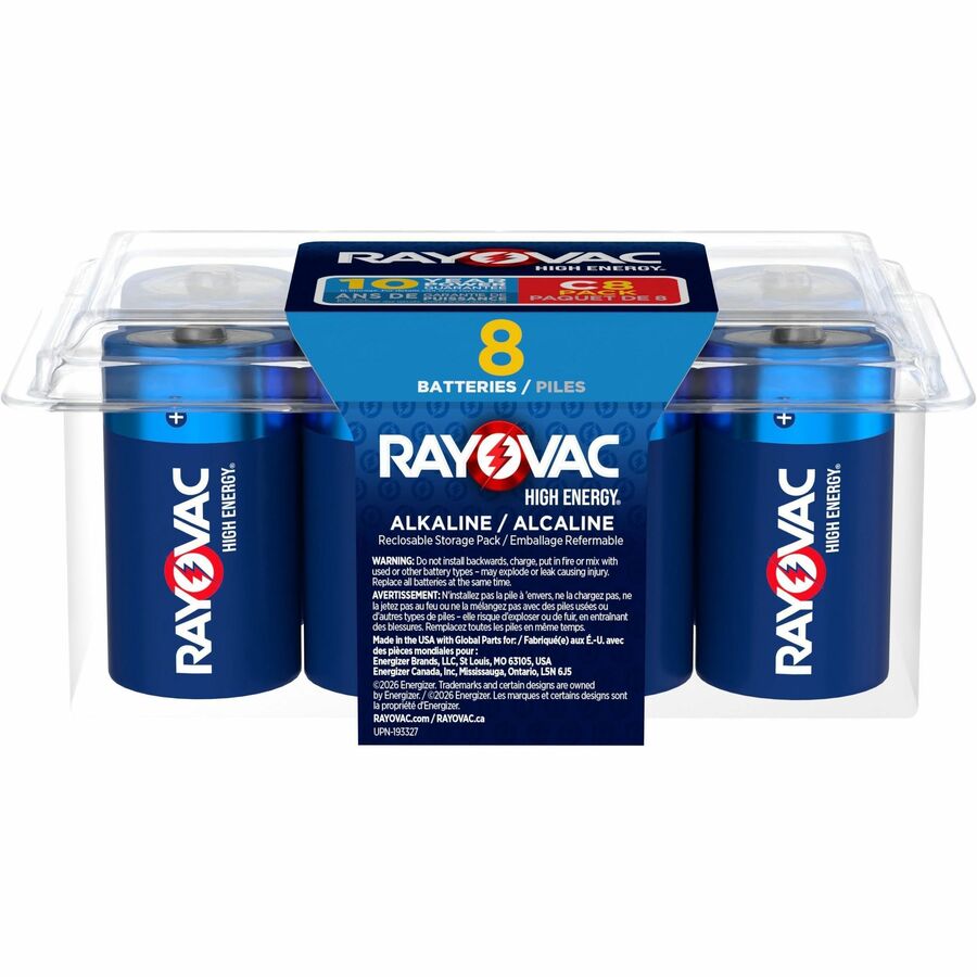 Rayovac High-Energy Alkaline C Batteries - For Flashlight, Toy - 10 Year Shelf Life - 8 / Pack