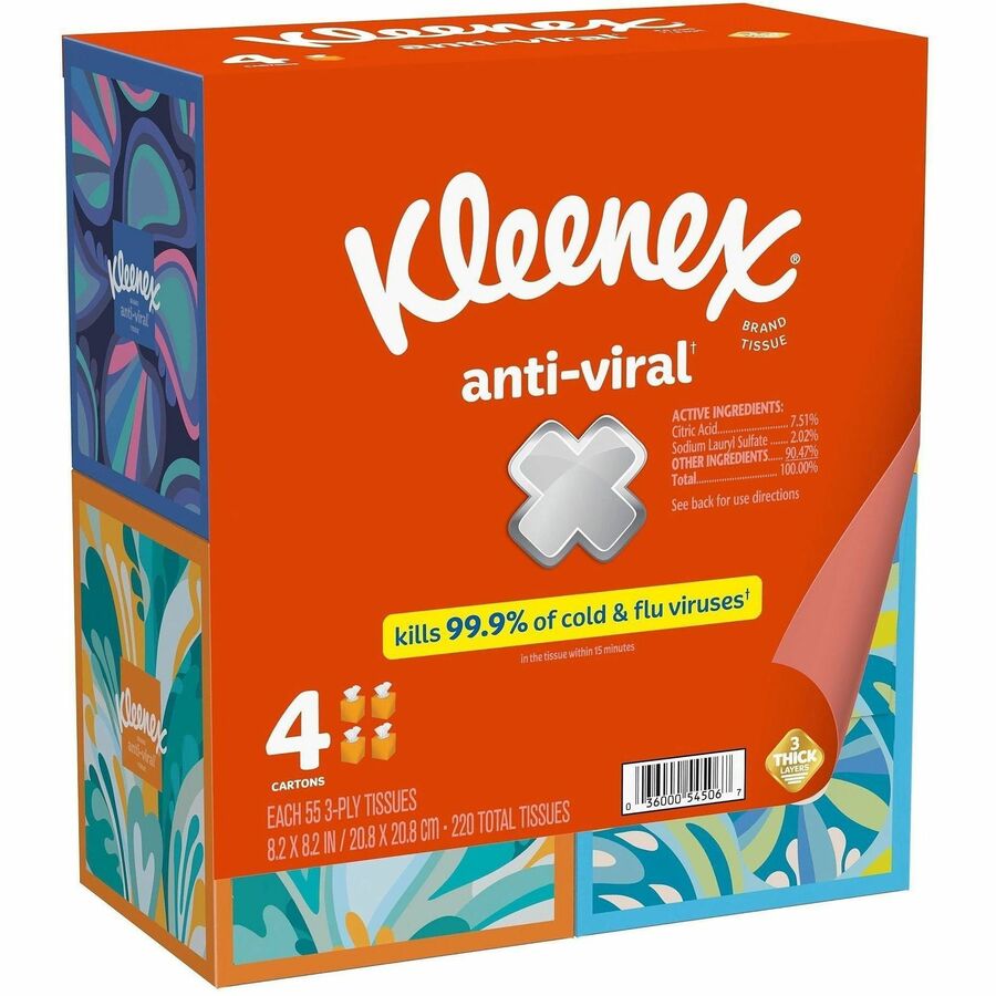 Kleenex Anti-viral Facial Tissue - 3 Ply - WhiteBox - 55/Box - 4 / Pack