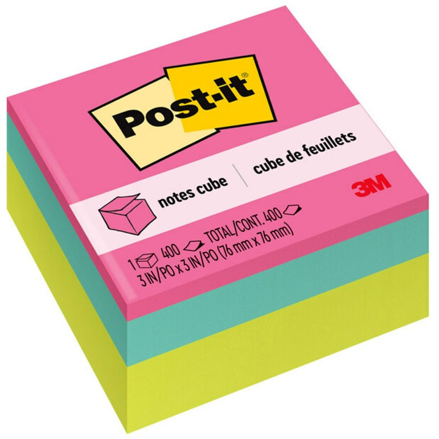 Post-it&reg, Super Sticky Notes Cubes - 3" Flag/Note Width x 3" Flag/Note Length - Square - 400 Sheets per Pad - Power Pink, Aqua Splash, Acid Lime - Sticky, Adhesive - 1 Pack