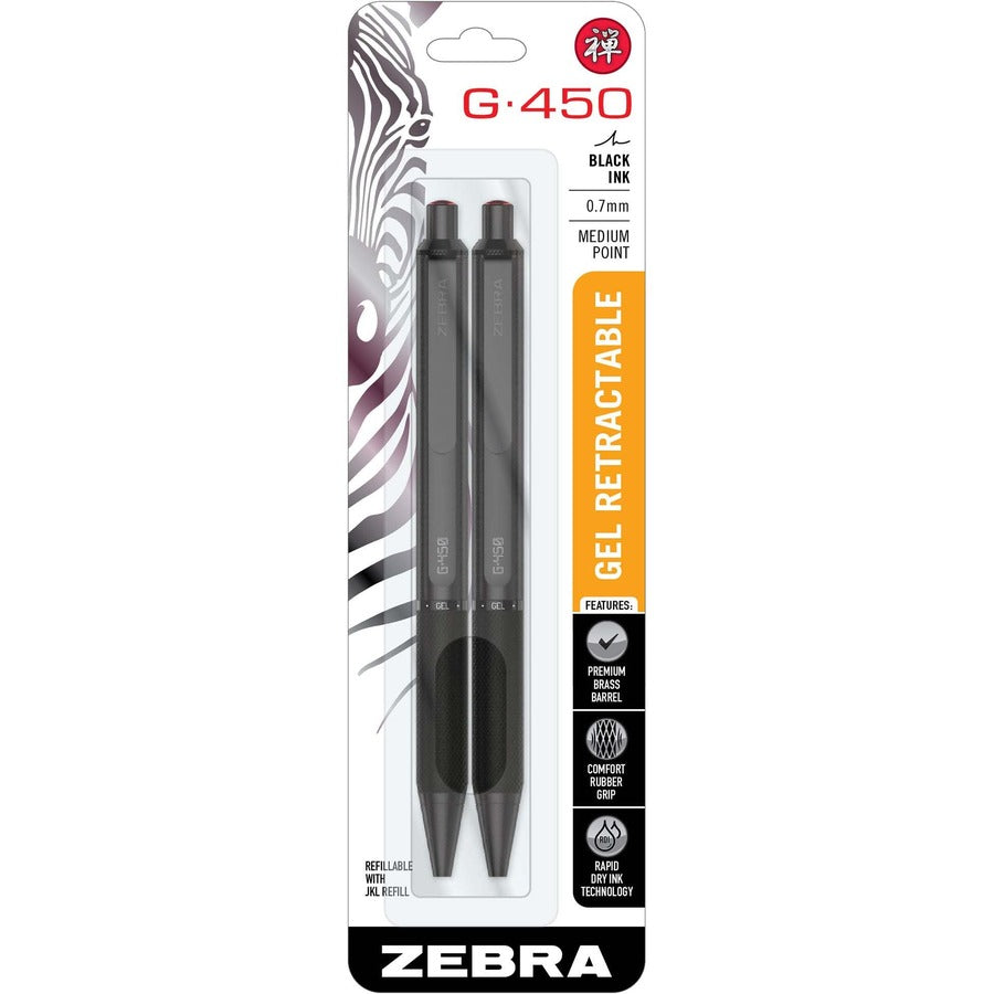 Zebra Pen G-450 Gel Retractable 0.7mm Black 2Pk - Refillable - Retractable - Black Brass Barrel - 2 / Pack