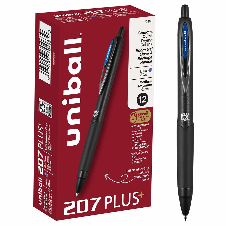 uniball™ 207 Plus+ Gel Pen - Refillable - Retractable - Blue Ink - Gel-based, Nanofiber Ink - Black Metal Barrel - 12 / Dozen