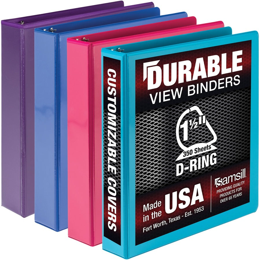 Samsill Durable View Binders - 1 1/2" Binder Capacity - 350 Sheet Capacity - Fastener: D-Ring - Chipboard, Polypropylene - Assorted - Clear Overlay, Durable, Non-glare, PVC-free, Non-stick, Ink-transfer Resistant - 4 / Pack