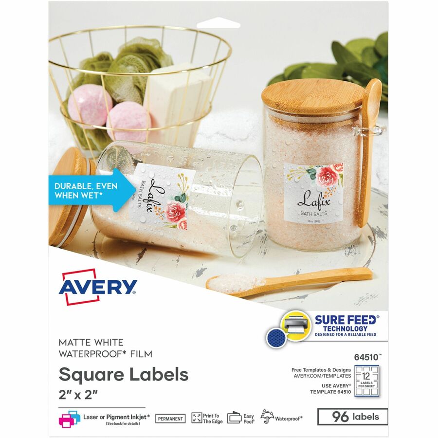 Avery&reg, Durable Waterproof Labels, 2" x 2" Square, 96 Total - Waterproof - x 2" Width x 2" Length - Full Sheet - Permanent Adhesive - Square - Inkjet, Laser - Matte - White - Film - 12 / Sheet - 8 Total Sheets - 96 Total Label(s) - For Label Printer...