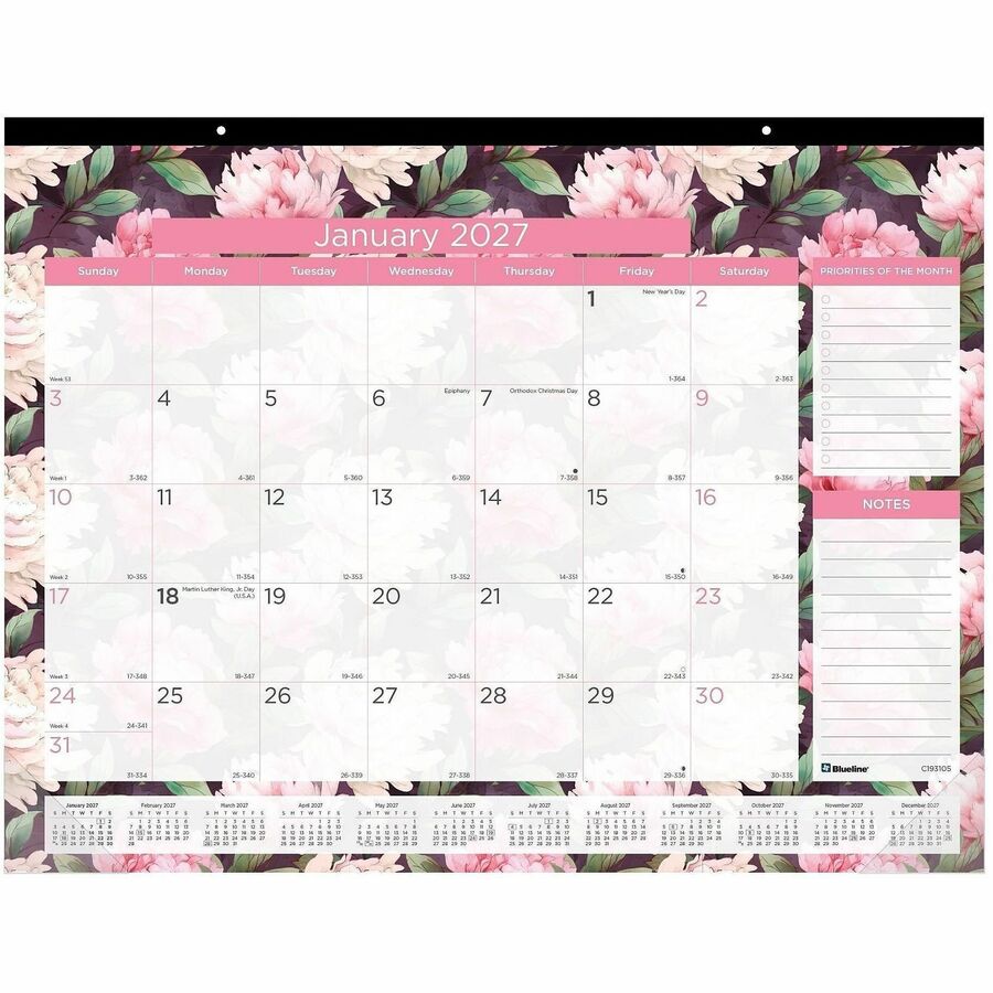 Brownline Monthly Floral Desk Pad - Monthly - 12 Month - January 2027 to December 2027 - 1 Month Double Page Layout - 17" x 22" Sheet Size - Desk Pad - Pink, Multi - Chipboard - 1 Each