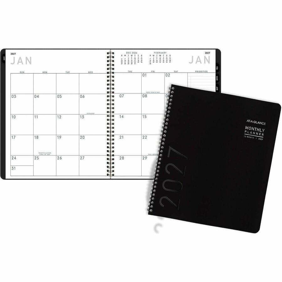 At-A-Glance Contemporary Lite Monthly Planner, Black, Large, 9" x 11" - Large - Monthly - 12 Month - January 2027 to December 2027 - 1 Month Double Page Layout - 9" x 11" Sheet Size - White Sheet - Wire Bound - Black - Faux Leather - 1 Each