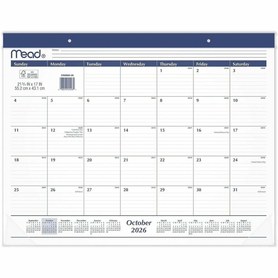 Cambridge Basic Monthly Desk Pad Calendar, Standard, 21 3/4" x 17" - Standard - Monthly - 15 Month - October 2026 to December 2027 - 1 Month Single Page Layout - 15" x 12" Sheet Size - Headband - Desk Pad - Black, White - Paper - 1 Each