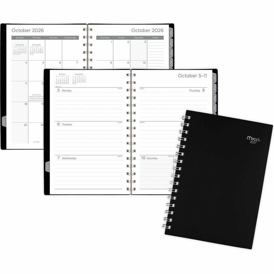 Mead 15-Month Weekly/Monthly Planner - Small - Weekly, Monthly - 12 Month - October 2026 to December 2027 - 1 Week, 1 Month Double Page Layout - 8 1/2" x 5 1/2" Sheet Size - White Sheet - Twin Wire - Black - Poly - Black Cover - 1 Each