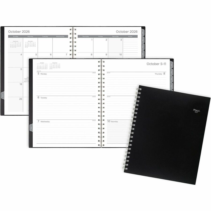 Mead Basic Weekly Monthly Planner, Black, Large, 8 1/2" x 11" - Large - Weekly, Monthly - 15 Month - October 2026 to December 2027 - 1 Week, 1 Month Double Page Layout - 8 1/2" x 11" Sheet Size - Twin Wire - Black - Poly - Black Cover - 1 Each