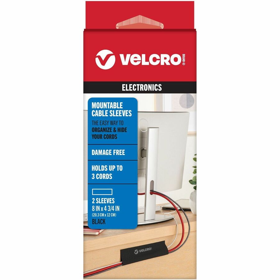 VELCRO&reg, Mountable Cable Sleeves - Cable Sleeve - Black - 8" Length - 2 / Pack