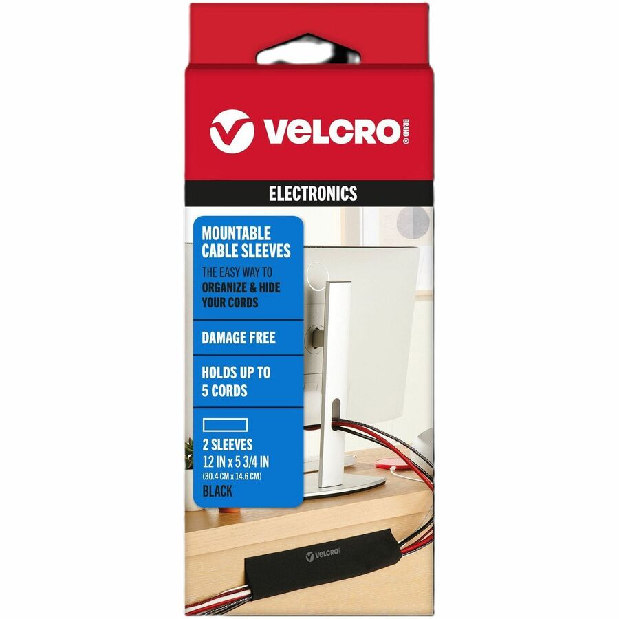 VELCRO&reg, Mountable Cable Sleeves - Cable Sleeve - Black - 12" Length - 2 / Pack
