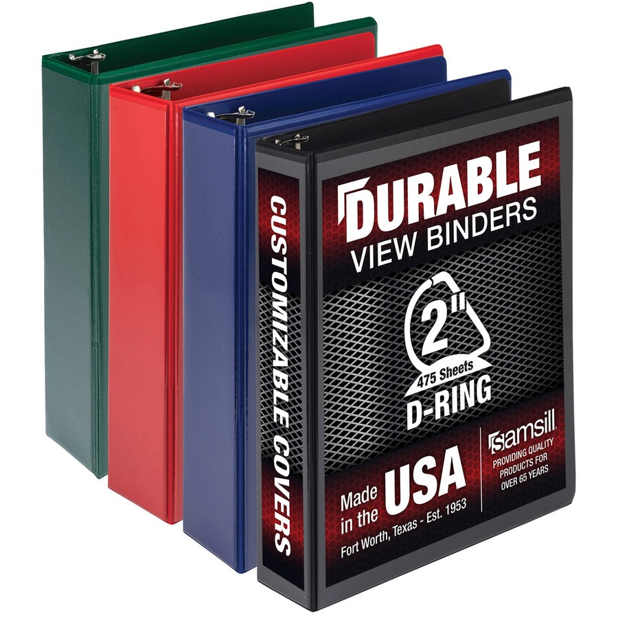 Samsill Durable View Ring Binder - 2" Binder Capacity - Letter - 8 1/2" x 11" Sheet Size - 475 Sheet Capacity - 3 Ring - Fastener: D-Ring - Pocket: 2, Internal - Polypropylene, Chipboard - Black, Blue, Red, Green - Durable, Clear Overlay, Non-stick, In...