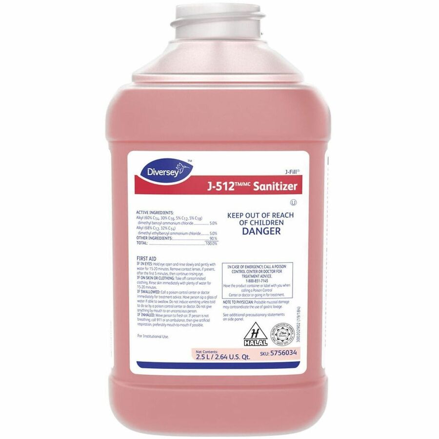 Diversey J-512 Sanitizer - 84.5 fl oz (2.6 quart) - Quaternary Scent - Kosher, Rinse-free - Red - 1 Carton