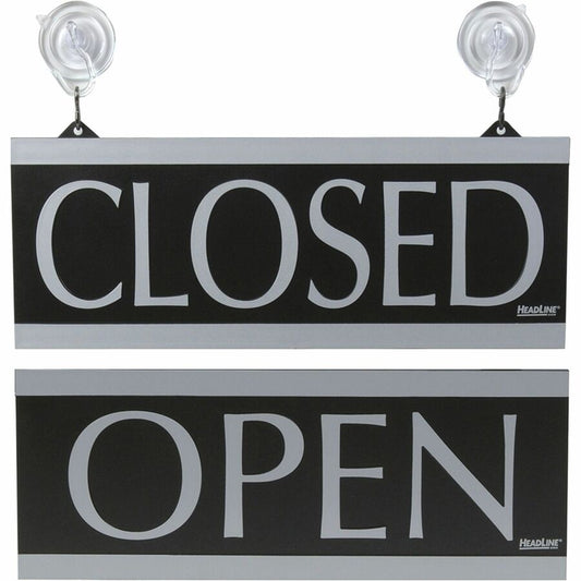 Headline Signs Century Series OPEN/CLOSED Sign - Print/Message "Open/Closed" - 13" Width x 5" Depth - Silver Print/Message Color - Double Sided - Reversible, Suction Cup - Gray - 1 Each