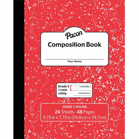 Pacon Composition Book - 24 Sheets - 48 Pages - 9.8" Width x 7.5" Depth - Red Marble Cover - Durable Cover, Soft Cover - 1 Each