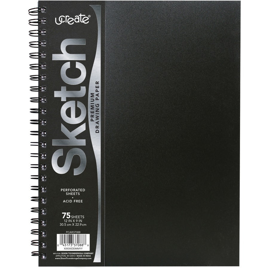 UCreate Poly Cover Sketch Book - 75 Sheets - Spiral - 70 lb Basis Weight - 12" x 9" Sheet Size - 12" Width x 9" Depth - Black Polyurethane Cover - Heavyweight, Acid-free Paper, Durable Cover, Perforated - 1 Each