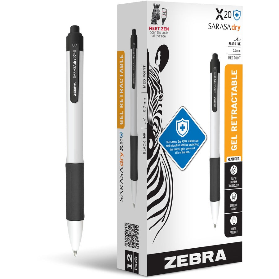 Zebra SARASA dry X20+ Gel Retractable RDI - Retractable - Black Ink - Gel-based - White Plastic Barrel - Writing, Document, Classroom, Home, Office - 12 / Dozen