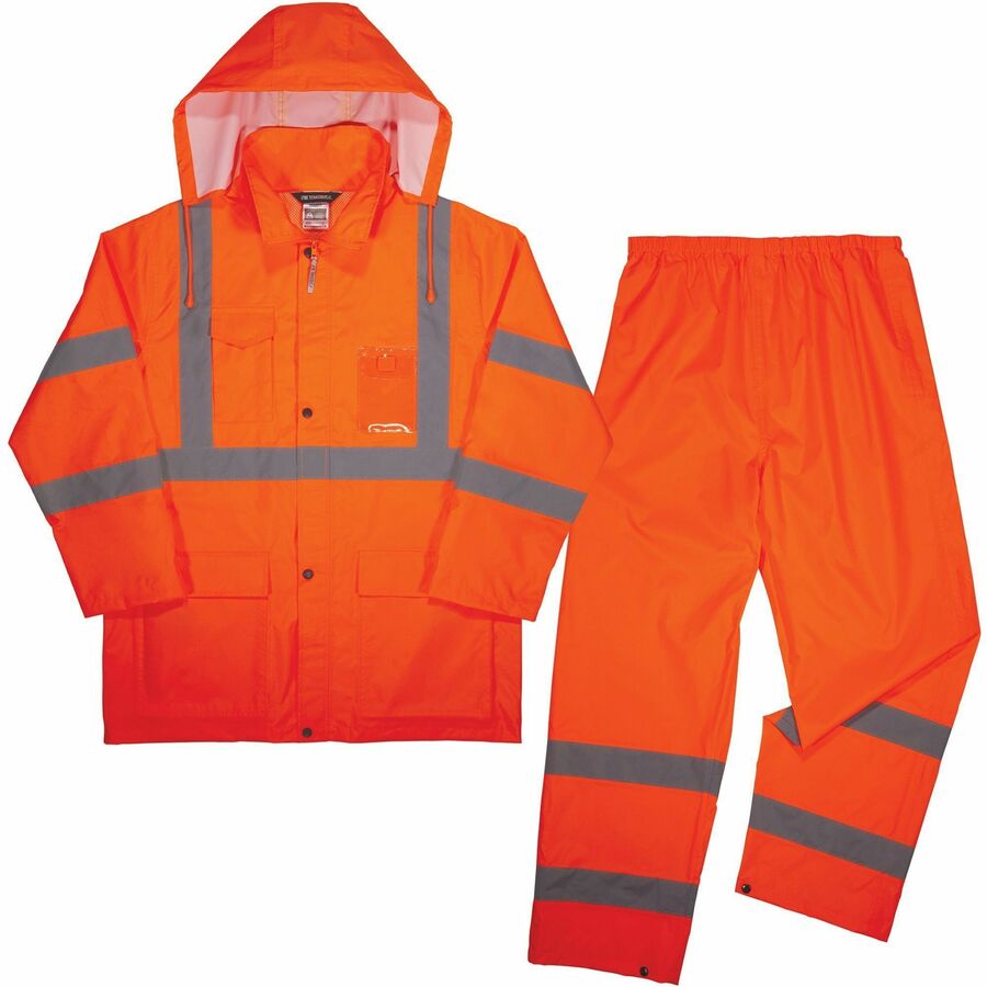 Ergodyne GloWear 8376K Hi-Vis Rain Suit Kits - XX-Large - Rain Protection - Snap/Zipper Closure - 3 Pocket(s) - Polyester Mesh - Orange - Lightweight, High Visibility, Water Proof, Taped Seam, Badge Holder, Cell Phone Pocket, Storm Flap, Machine Washab...