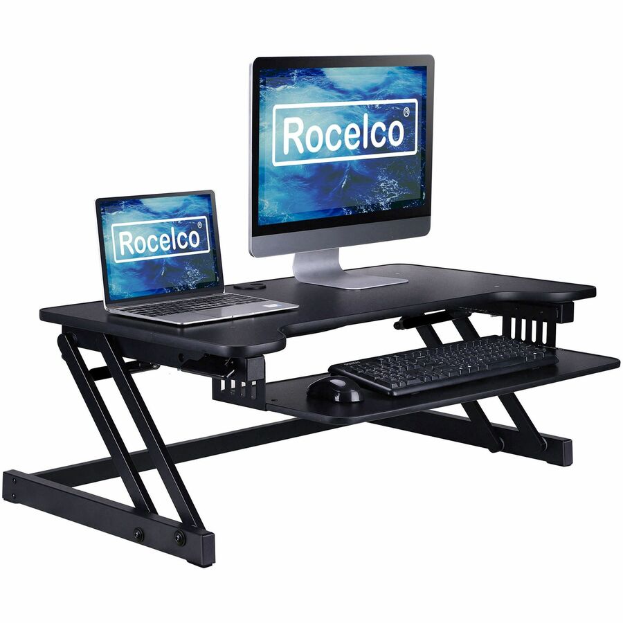 Rocelco DADR 37.4" Deluxe Adjustable Desk Riser - 17" Height x 37.40" Width x 23.30" Depth - Desk - Black - For Monitor, Notebook, Office, Workstation, Medical, Home Office, Student, Keyboard - Sit-stand, Sturdy, Ergonomic, Keyboard Tray, Grommet, Cabl...