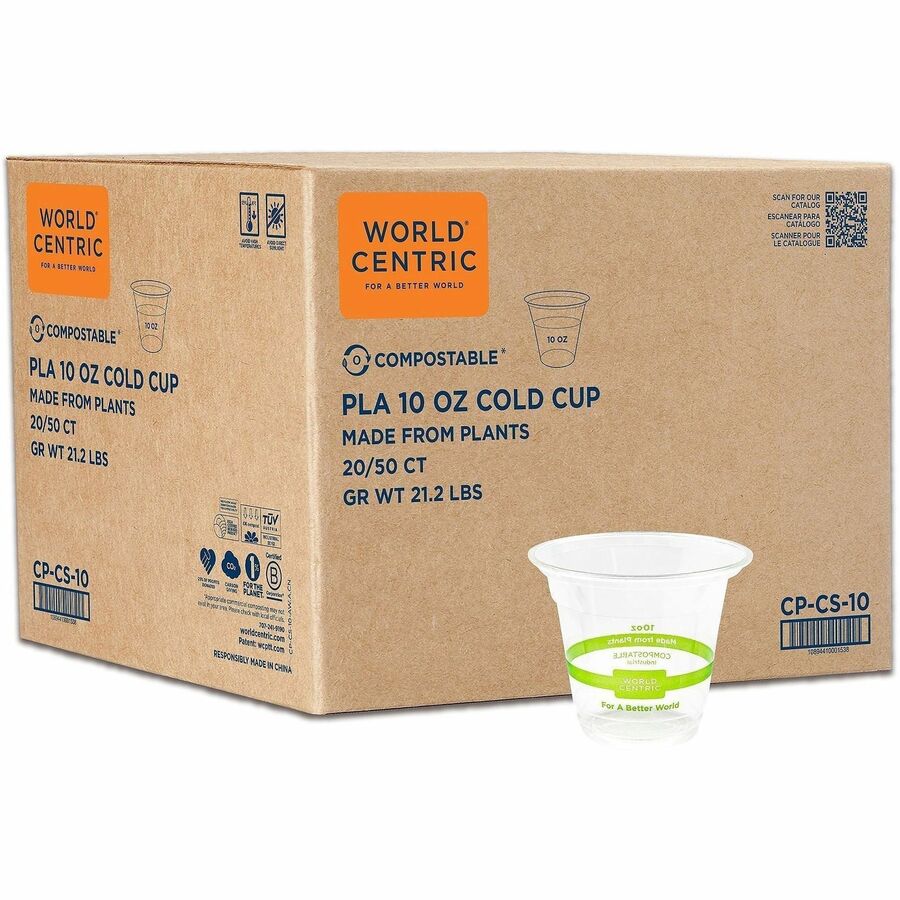 World Centric Compostable Clear Cold Cups - 10 fl oz - Clear - Polylactic Acid (PLA) - Cold, Cafe, Restaurant, Cold Drink, Iced Coffee, Iced Tea, Smoothie, Water - 20 / Carton