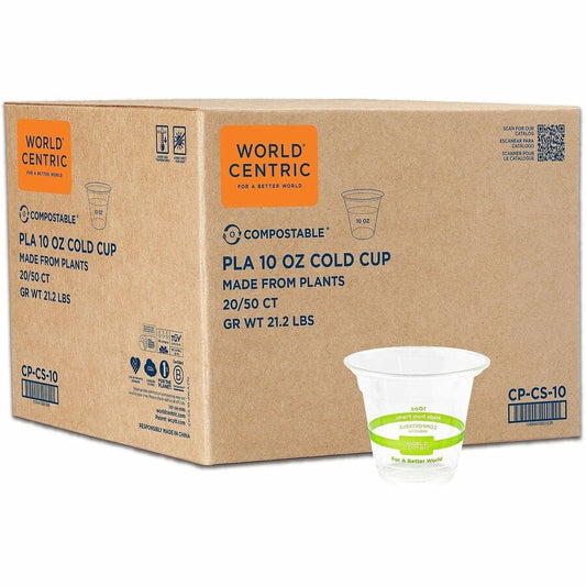World Centric Compostable Clear Cold Cups - 10 fl oz - Clear - Polylactic Acid (PLA) - Cold, Cafe, Restaurant, Cold Drink, Iced Coffee, Iced Tea, Smoothie, Water - 20 / Carton