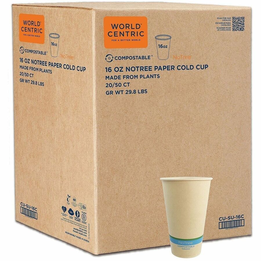 World Centric Compostable NoTree Paper Cold Cups - 16 fl oz - Beige - Paper - Cafe, Cafeteria, Restaurant, Cold Drink, Cold - 20 / Carton
