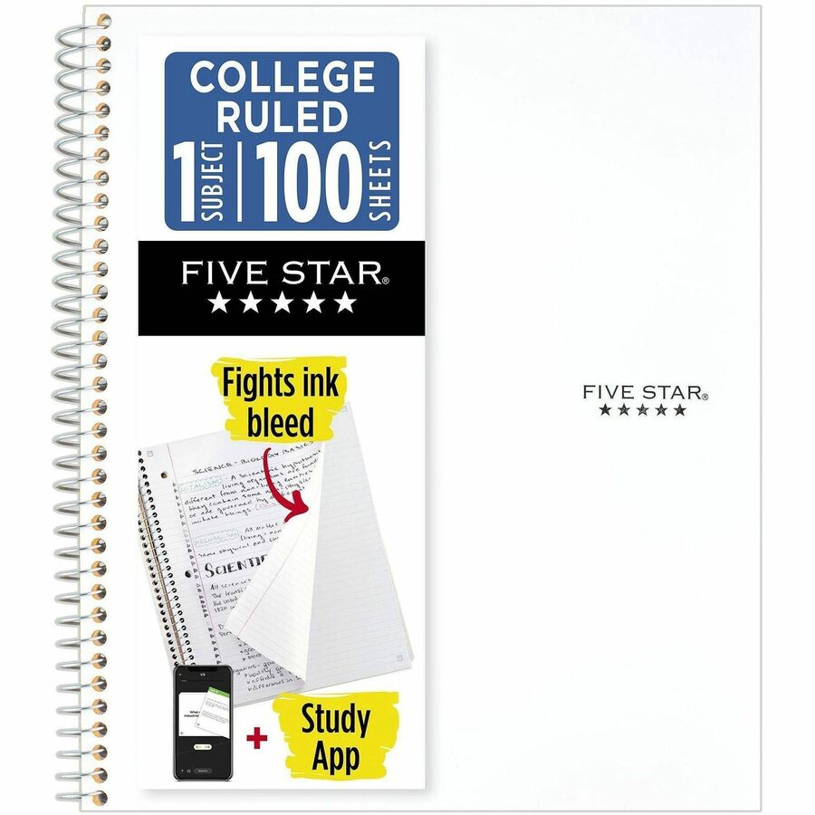 Mead Five Star Wirebound Notebook, 1 Subject, College Ruled, 11" x 8 1/2" , White - 1 Subject(s) - 100 Sheets - 100 Pages - Wire Bound - 11" x 8 1/2" Sheet Size - Bleed Resistant, Durable, Water Resistant, Wear Resistant, Tear Resistant, Spill Resistan...