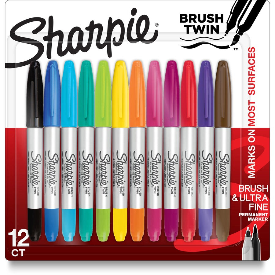 Sharpie Brush Twin Permanent Markers - Assorted Ink - 12 / Pack