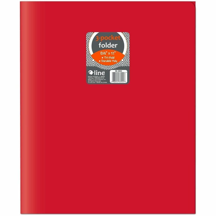 C-Line CLI-33944 Letter Portfolio - 8 1/2" x 11" - 75 Sheets Capacity - 3 Pocket - Polypropylene - Red - 24 / Box