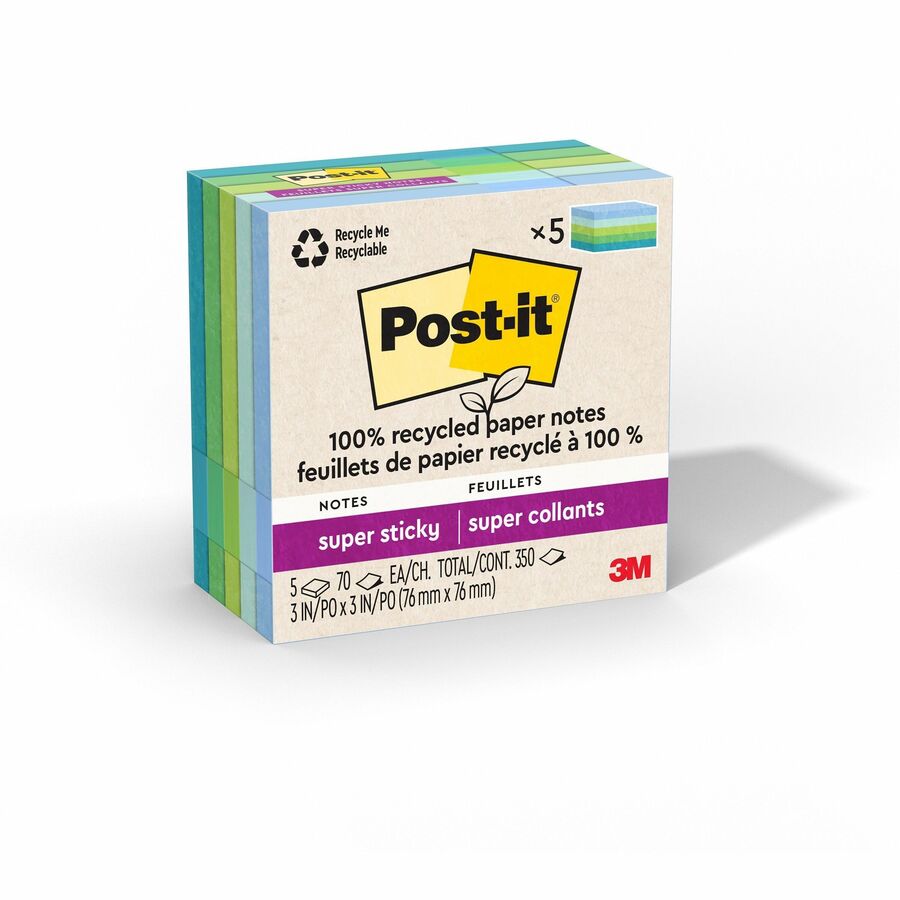 Post-it&reg, Super Sticky Adhesive Note - 350 - 3" Flag/Note Width x 3" Flag/Note Length - Square - 70 Sheets per Pad - Assorted Oasis - Removable, Repositionable, Recyclable - 5 / Pack
