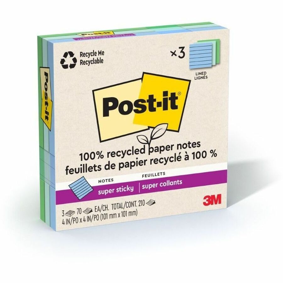 Post-it&reg, Super Sticky Adhesive Note - 210 - 4" Flag/Note Width x 4" Flag/Note Length - Square - 70 Sheets per Pad - Ruled - Assorted Oasis - Removable, Repositionable, Recyclable - 3 / Pack