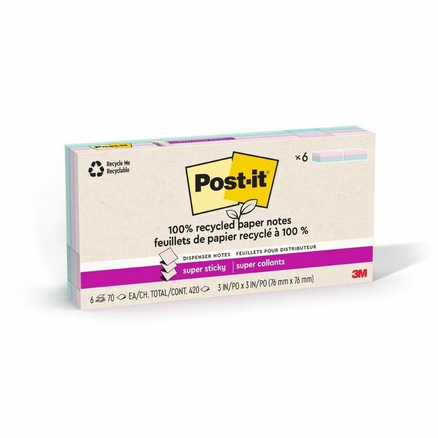 Post-it&reg, Super Sticky Adhesive Note - 420 - 3" Flag/Note Width x 3" Flag/Note Length - 70 Sheets per Pad - Assorted Wanderlust Pastel - Removable, Repositionable, Recyclable, Pop-up - 12 / Pack