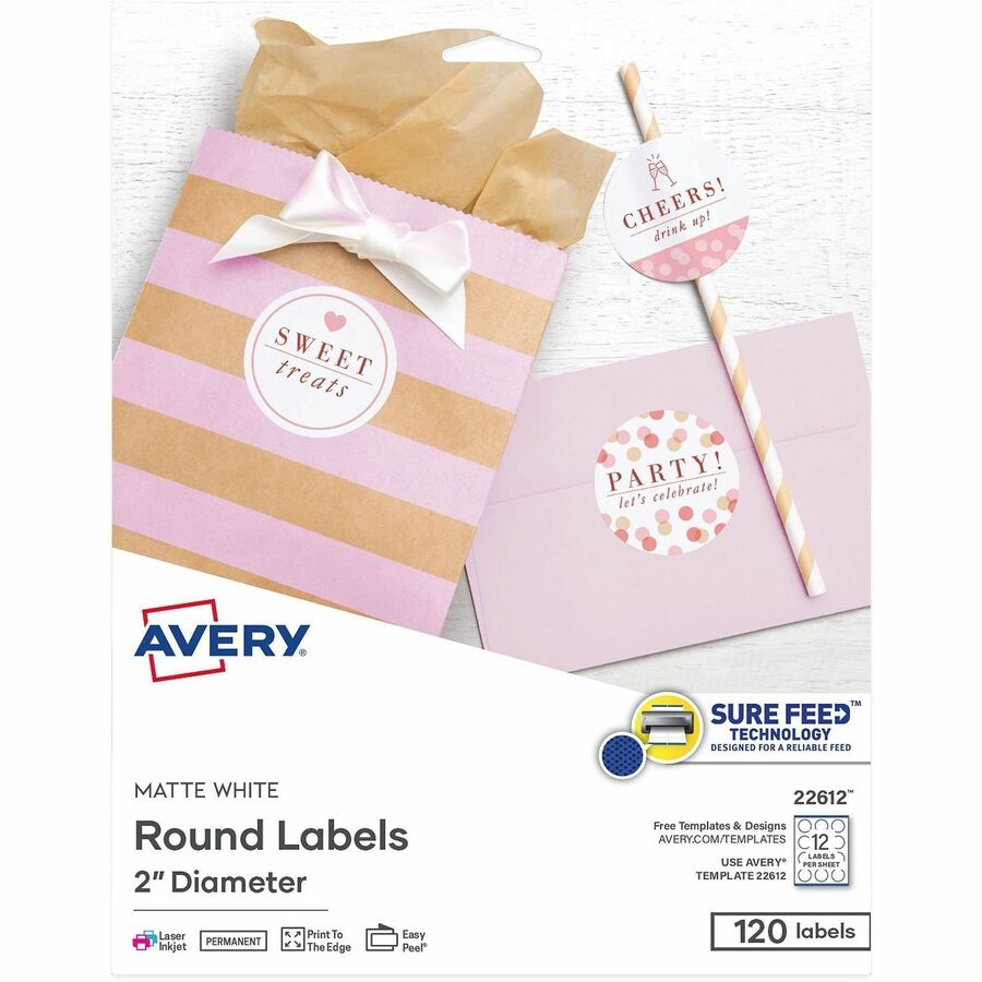 Avery&reg, Easy Peel Multipurpose Label - 2" Diameter - Permanent Adhesive - Round - Inkjet, Laser - Matte White - 12 / Sheet - 10 Total Sheets - 120 Total Label(s) - 120 / Pack