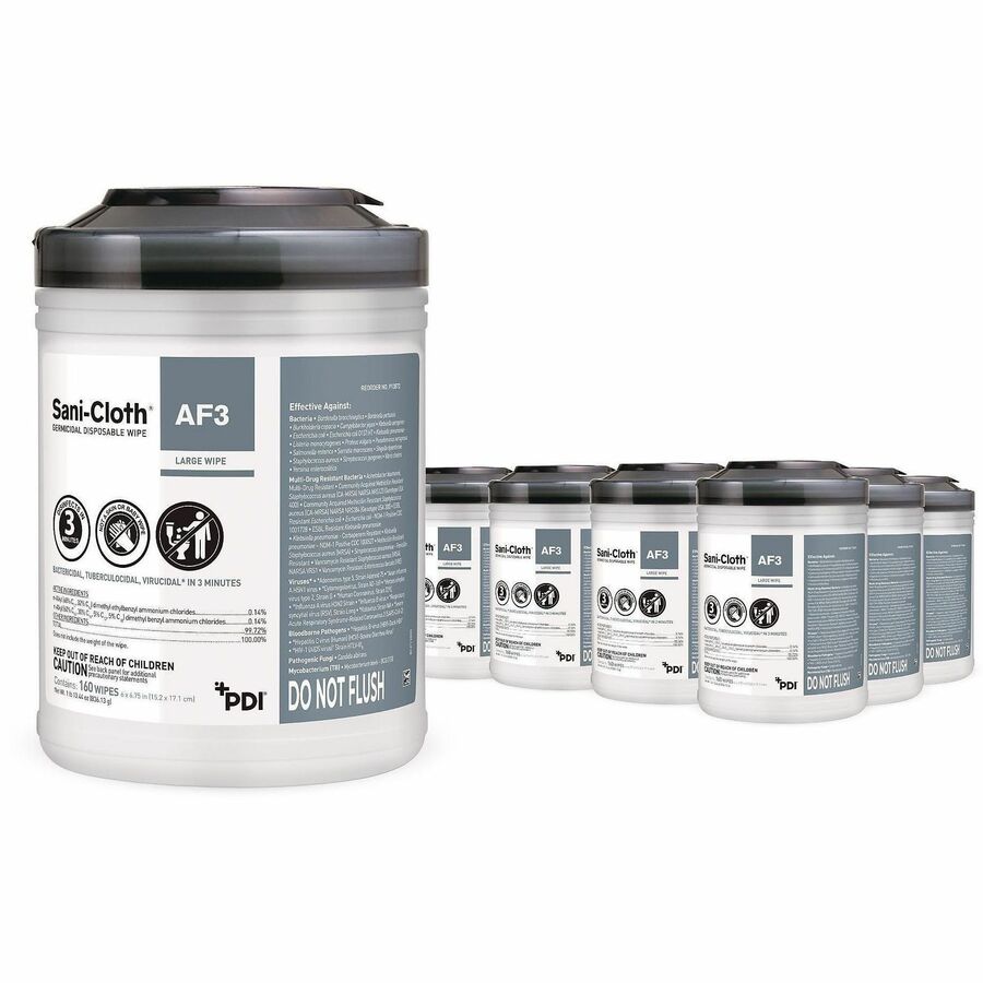 PDI Sani-Cloth AF3 Germicidal Wipes - 6.75" Length x 6" Width - Alcohol-free, Bleach-free, Virucidal, Fungicide, Fragrance-free, Disposable, Phenol-free, Ammonia-free, Disinfectant, Pre-moistened, Strong, ... - White - 160/Tub - 12 / Carton