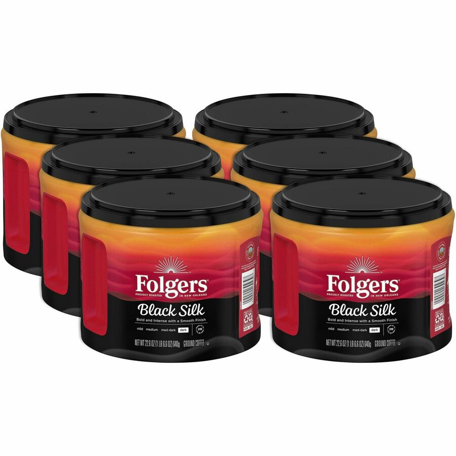 Folgers&reg, Ground Black Silk Coffee - Dark - 22.6 oz Per Canister - Ground - Black Silk - 6 / Carton