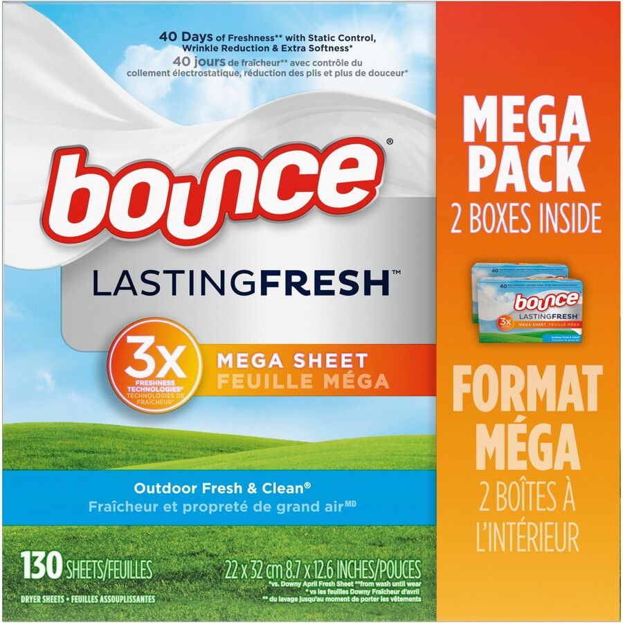 Bounce Mega Dryer Sheets - Sheet - Outdoor Fresh Scent - 65 / Box - 130 / Pack - White
