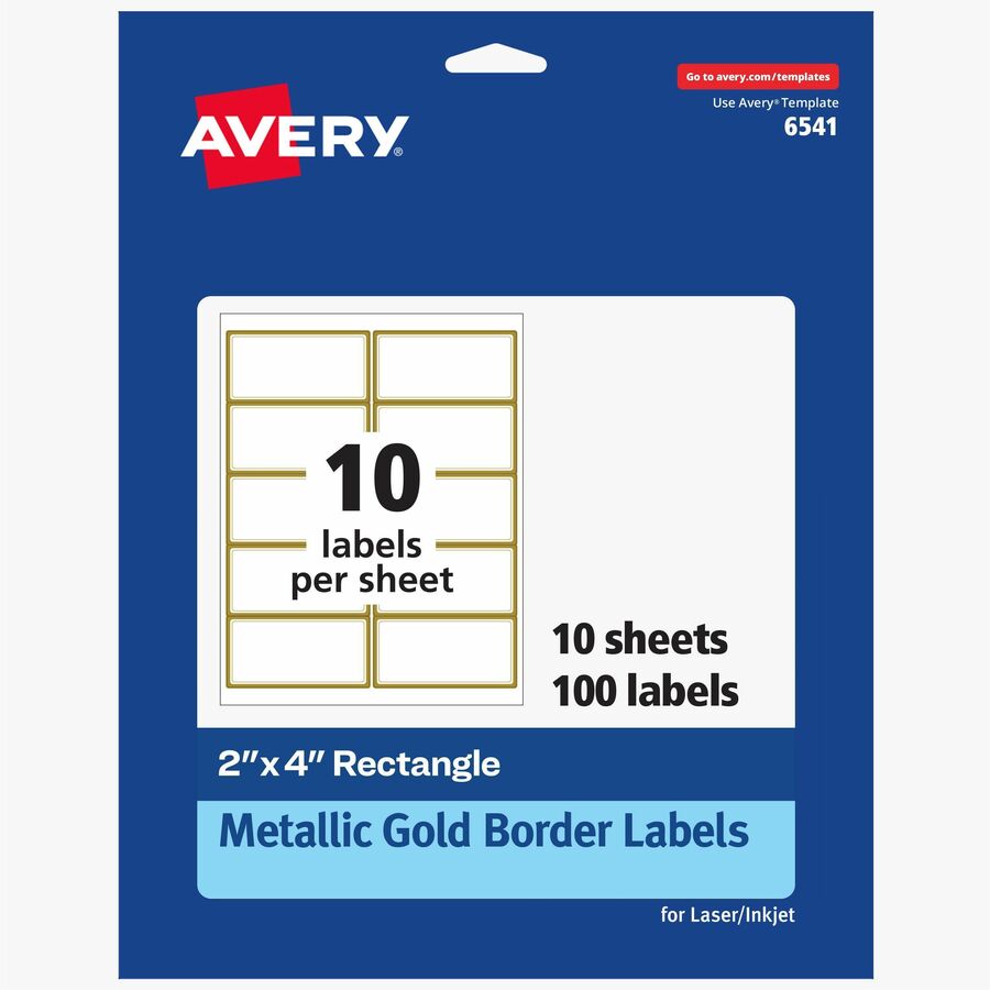 Avery&reg, Labels with Metallic Gold Borders, 2" x 4" , 100 (6541) - 2" Width x 4" Length - Permanent Adhesive - Rectangle - Inkjet, Laser - Matte - White - Metallic Gold Border - Paper - 10 / Sheet - 10 Total Sheets - 100 Total Label(s) - 100 / Pack