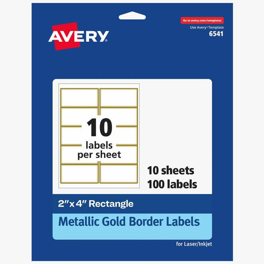 Avery, Labels with Metallic Gold Borders, 2" x 4" , 100 (6541) - 2" Width x 4" Length - Permanent Adhesive - Rectangle - Inkjet, Laser - Matte - White - Metallic Gold Border - Paper - 10 / Sheet - 10 Total Sheets - 100 Total Label(s) - 100 / Pack