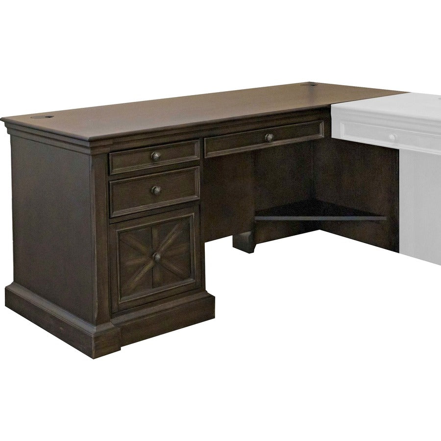 Martin Kingston Desk with Pedestal Box 1 of 2 - L-shaped - 30" Height x 66" Width x 30" Depth - Total Drawer(s): 4 - Material: Wood - Finish: Dark Chocolate, Rub Through - 1 Each